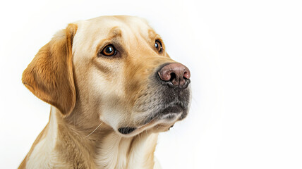 A labrador retriever gazes thoughtfully, isolated against a stark white background, encapsulating loyalty and companionship, AI Generative.