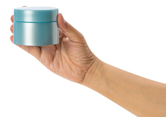 Hand holding Blank Cosmetic packaging on white background. Cosmetic beauty product branding or a jar of facial cream to reduce wrinkles. isolate on white PNG File. Copy space 