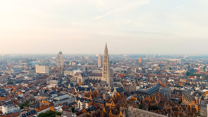 Antwerp, Belgium. Panorama overlooking the Cathedral of Our Lady (Antwerp). Historical center of Antwerp. City is located on the river Scheldt (Escaut). Summer morning, Aerial View - obrazy, fototapety, plakaty