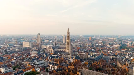 Gordijnen Antwerp, Belgium. Panorama overlooking the Cathedral of Our Lady (Antwerp). Historical center of Antwerp. City is located on the river Scheldt (Escaut). Summer morning, Aerial View © nikitamaykov