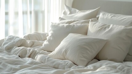 a close up of a bed with white pillows and a white comforter with white ruffles on it.