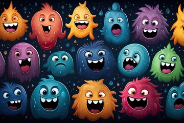 stylist and royal Funny cartoon emotions faces seamless pattern, Happy smiler monsters repeat print, Grunge brush trace track and stars endless ornament, painting, illustration