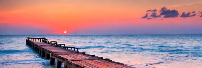 A tranquil scene of a wooden jetty stretching out into the golden sea - 736905788