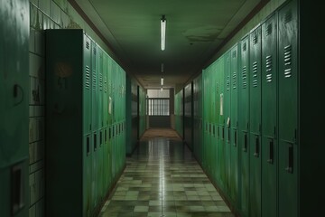 school hallway with Gloomy green lockers.