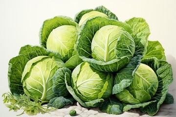 stylist and royal Green Cabbage. Color watercolor on white paper background. Illustration of vegetables and greens, space for text, photographic
