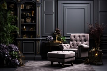 stylist and royal Grey living room concept, door detail, working table and chair style, space for text, photographic