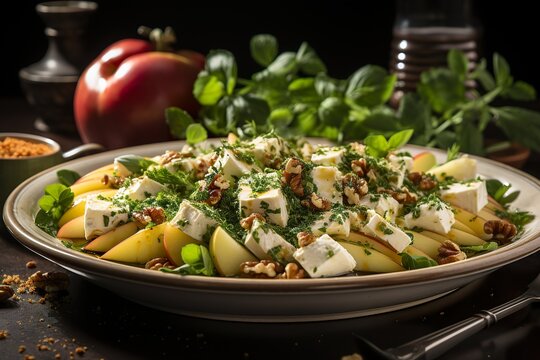 stylist and royal Green apple, feta cheese and walnut salad, space for text, photographic