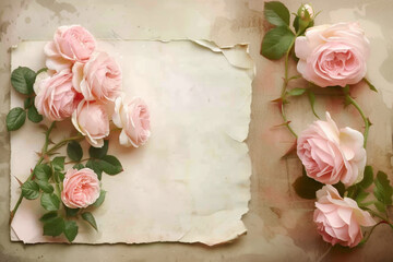 Pink roses background with a sheet of signature paper