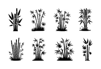 set of bamboo tree silhouettes on isolated background