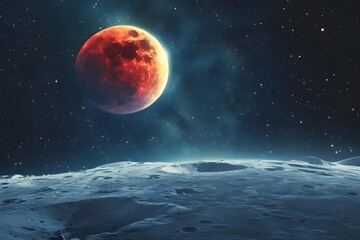 Stock photo of a lunar eclipse, Earth's shadow casting a red glow on the moon, with stars twinkling in the background, capturing celestial dynamics. - obrazy, fototapety, plakaty