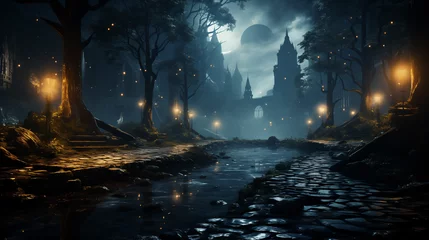 Fotobehang Dans une forêt enchantée, des lucioles dansent sous la lueur de la lune, éclairant le chemin des voyageurs perdus. © arnaud