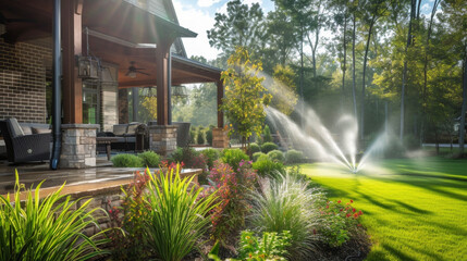 A shot of an outdoor patio area with the sprinkler system automatically turning on to water the plants at the programmed time while outdoor speakers play the homeowners favorite