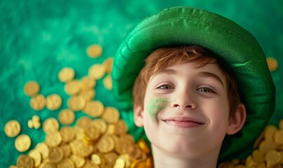 A cute young boy wears a leprechaun hat with gold coins and clovers on a green background. Saint Patrick holiday. St patrick's day background.