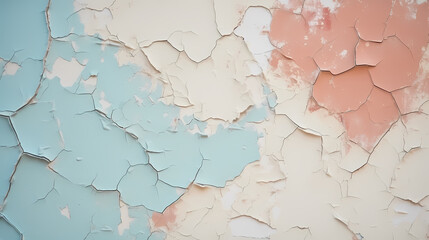 Obraz premium Detailed view of cracked and peeling pastel paint on wall