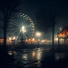 Amusement park at night with ferris wheel in the fog