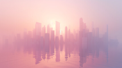 Fototapeta na wymiar A serene city skyline rendered in soft pastel tones, reflecting on the calm surface of the water, evoking a sense of peaceful urban tranquility.