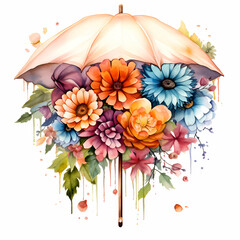 Watercolor umbrella with flowers. Hand drawn floral illustration on white background. - obrazy, fototapety, plakaty