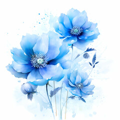 Blue anemone flowers. Watercolor illustration. Hand drawn.