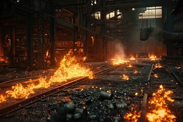 hell like heat and flames at steel mill. - obrazy, fototapety, plakaty