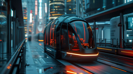 a sleek line of futuristic autonomous transit pods gliding through an urban street, symbolizing cutting-edge public transportation technology - obrazy, fototapety, plakaty