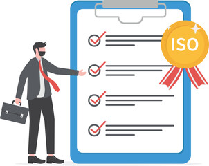 ISO system and international certification concept, Businessmen analysis with passed standard quality control vector illustrator

