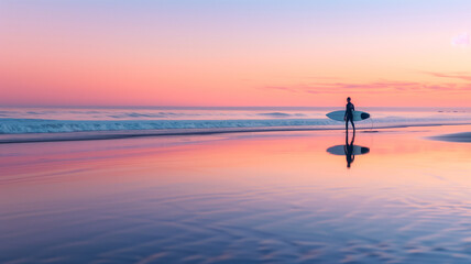 The serene twilight hues paint a peaceful backdrop as a lone surfer stands contemplatively on the shore, board in hand, reflecting on the day's final waves