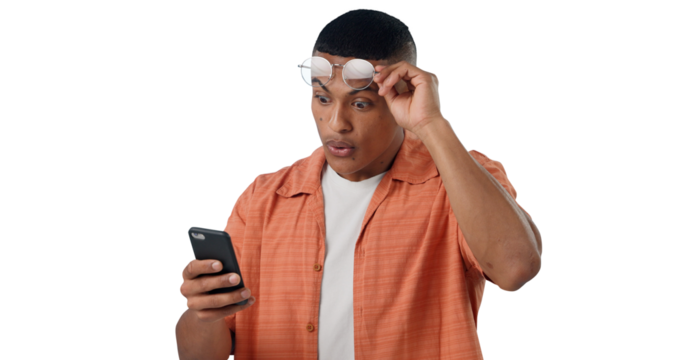 Surprise, news and man with smartphone, glasses and scam online in transparent or png background. Person, reading and notification in email of internet phishing, fraud and phone with announcement