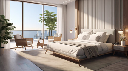 Modern hotel room suite with big bed, plants and big window with lots of light, sunshine and sea view on vacation