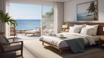 Modern hotel room suite with big bed, plants and big window with lots of light, sunshine and sea view on vacation