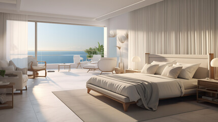 Modern hotel room suite with big bed, plants and big window with lots of light, sunshine and sea view on vacation
