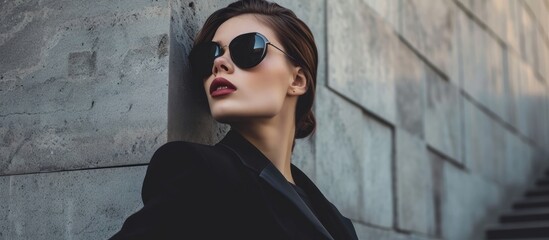 a woman wearing sunglasses and a black coat is leaning against a wall . High quality