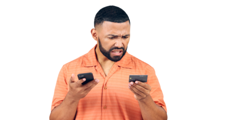 Frustrated, man and phone with credit card, debt or connection problem during online shopping. Angry male customer confused by fintech, banking app and isolated on transparent png background