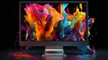 Rocket coming out of desktop computer screen neon ,,
Mockup of beautiful laptop with multicolor background, Generative AI illustration Pro Photo

