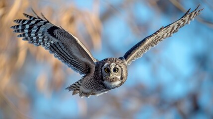 Obraz premium a close up of a bird flying in the air with it's wings spread and it's eyes wide open.