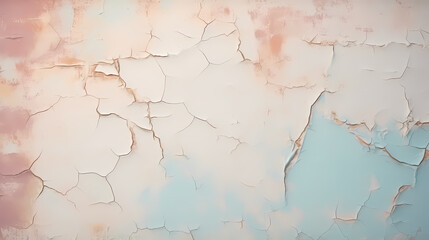 Detailed view of cracked and peeling pastel paint on wall