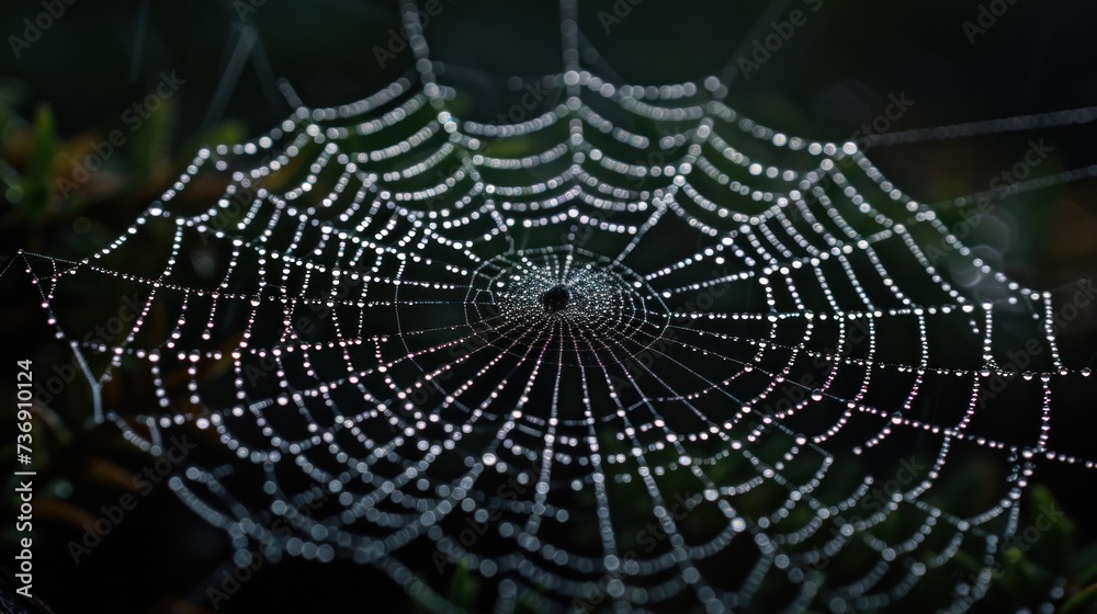 Wall mural a close up of a spider web with drops of water on the spider's web in the center of the web.