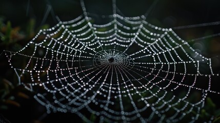 Fototapeta premium a close up of a spider web with drops of water on the spider's web in the center of the web.