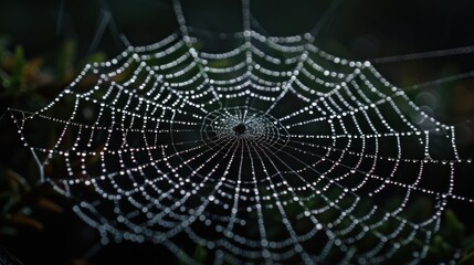 a close up of a spider web with drops of water on the spider's web in the center of the web.