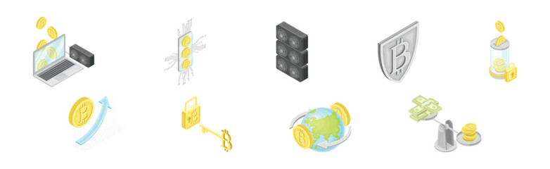 Cryptocurrency Mining Blockchain with Bitcoin Isometric Vector Set
