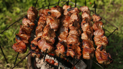 Pork skewers. Meat on the grill on skewers, grill, barbecue in nature. Made with generative ai