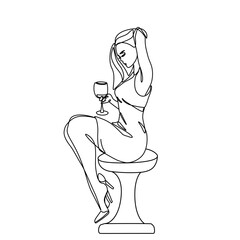 Woman with glass of wine, girl silhouette, continuous line drawing, fashion tattoo, club, bar, print for clothes, emblem logo design, beauty salon, cosmetics, isolated vector illustration.