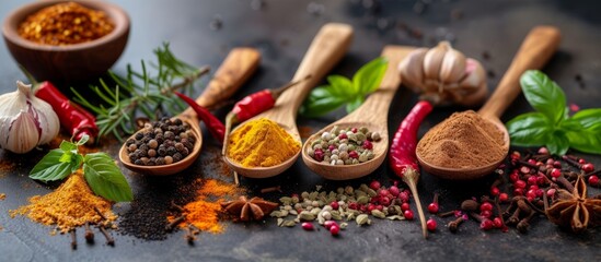 a variety of spices in wooden spoons on a table . High quality