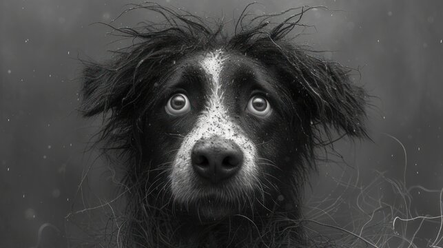 a black and white photo of a dog's face with wet hair on it's head and eyes.