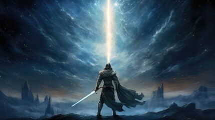 The mythical warrior stands resolute against the starry night sky with his sword. Fantasy art. - obrazy, fototapety, plakaty