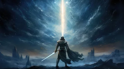 Fotobehang The mythical warrior stands resolute against the starry night sky with his sword. Fantasy art. © Lubos Chlubny