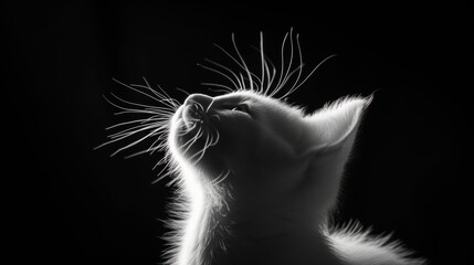 a black and white photo of a cat with its head up and it's eyes closed in the air.