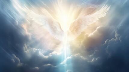 Angel wings in the sky with sun rays - obrazy, fototapety, plakaty
