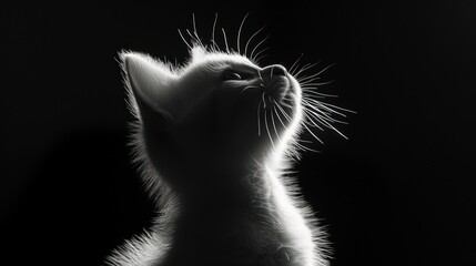 a black and white photo of a cat with it's head up in the air and it's eyes closed.