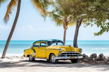 Zelfklevend Fotobehang Yellow old car parked on a tropical beach © Lubos Chlubny