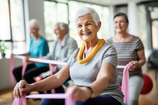 Seniors doing exercise seated with exercise bands - Powered by Adobe